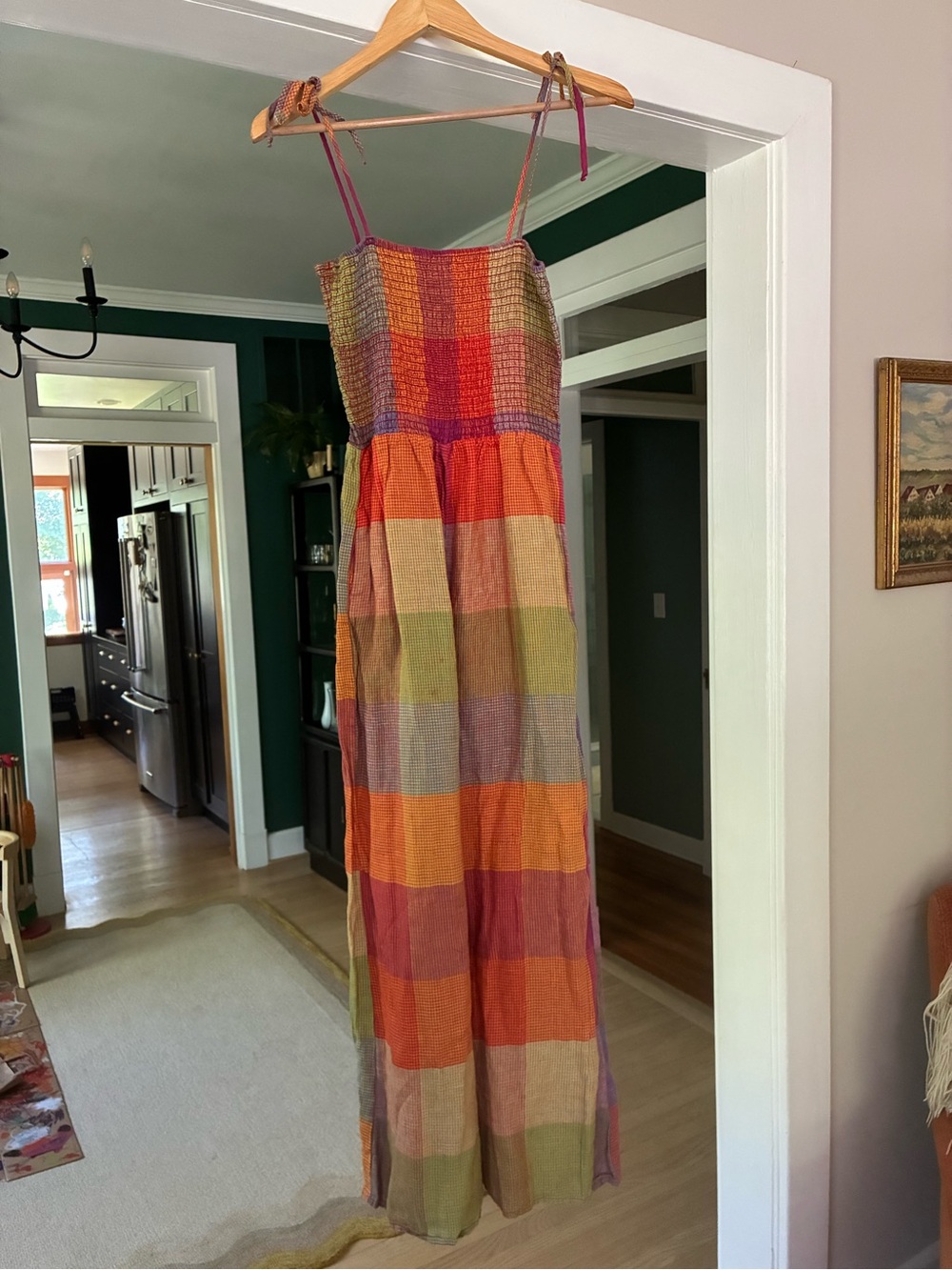 dRA Los Angeles Smocked Strap Jumpsuit in Multi-Color Plaid, pockets
